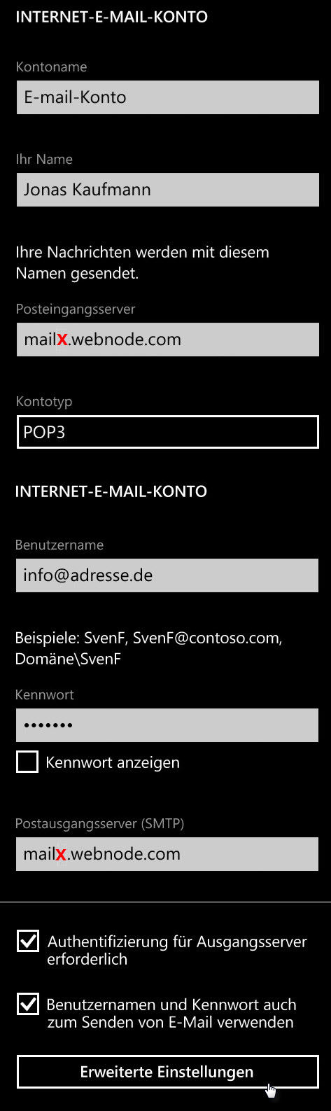E-Mail Konfiguration für Windows Phone